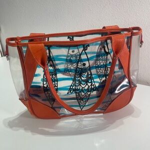 Prada Fish Pattern Stripes Vinyl Orange Leather Trim Tote Bag  Colorful 10''